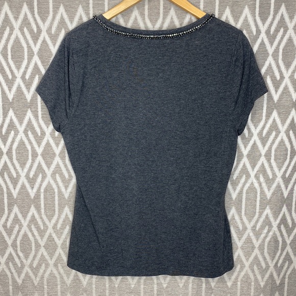 White House Black Market Short Sleeve T-shirt Rhinestone Collar & Bow Dark Gray - Picture 2 of 4